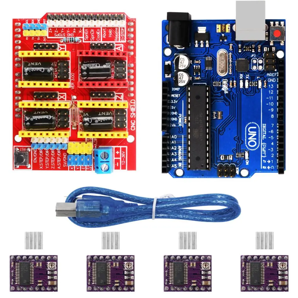 Щит с ЧПУ Плата расширения V3.0+ UNO R3 плата+ A4988 Драйвер шагового двигателя с радиатором для Arduino