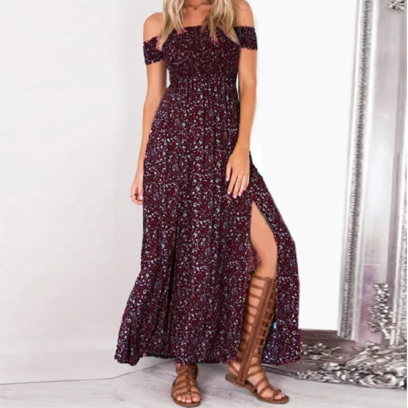 

Sexy Strapless Beach Summer Dress Sundresses Vintage Bohemian Maxi Dress Robe Femme Boho Floral Women Split Long Dresses Vestido