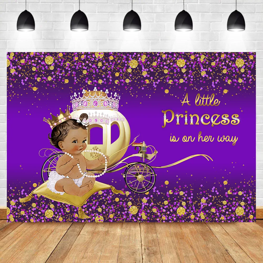 

NeoBack Royal Girl Baby Shower Photography Backdrops Princess Crown Golden Pumpkin Car Photo Background Purple Backdrop