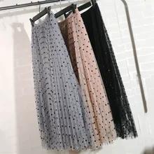 Плиссированная Женская юбка, черная, розовая, волнистая, в горошек, сетчатая, юбки, новинка, весна-осень, Корейская длинная, свободная, тонкая, эластичная, юбки для женщин CX703