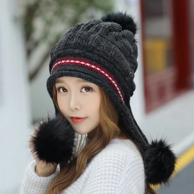 Ymsaid для девочек, утепленная Лыжная шапка, бренд, Меховые помпоны, зимние милые вязаные шапки, женская шапка, женские теплые перчатки+ вязаная шапка - Цвет: black