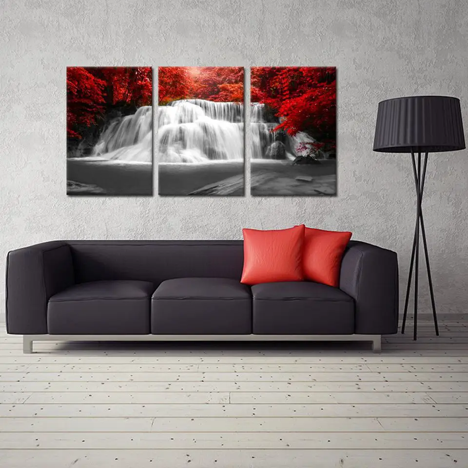 

Canvas Painting Living Room Wall Art 3 Pieces Red Woods Trees Waterfall Pictures Modular Prints Scenery Poster Office Home Decor