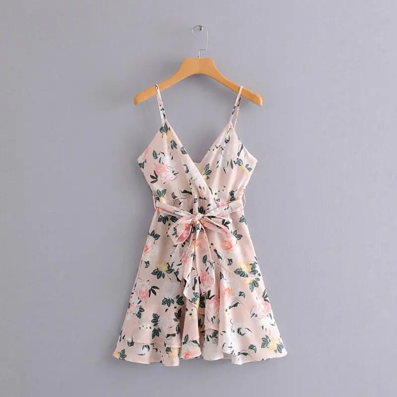 

Lady Floral print Ruffles Bow Lace-up Summer Lolita Strap dress Sexy V neck Backless Sleeveless Short Women dress #N709