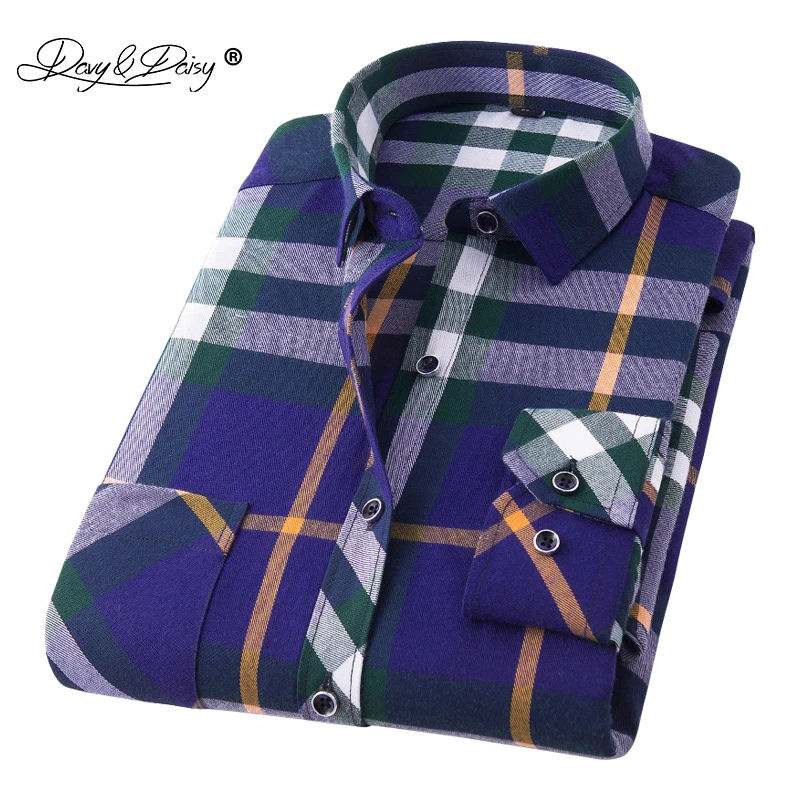

DAVYDAISY Cotton Men Shirt Long Sleeved Comfortable Soft Business Casual Shirts Brand Clothing Male Plaid Shirt 4XL DS156