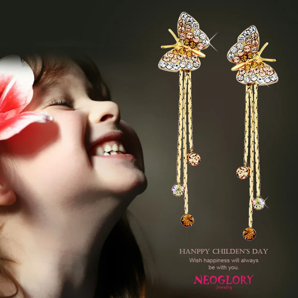 Серьги подвески Neoglory в виде бабочки с длинной кисточкой женские серьги новинка