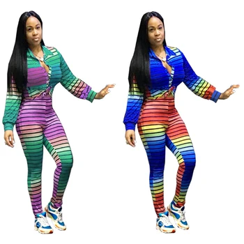 

Women Two Piece Set Long Sleeve Tracksuit T Shirt Top Tee+Long Legging Pants Ladies Strip Outfit Femme Sporting Suits Sweatsuit