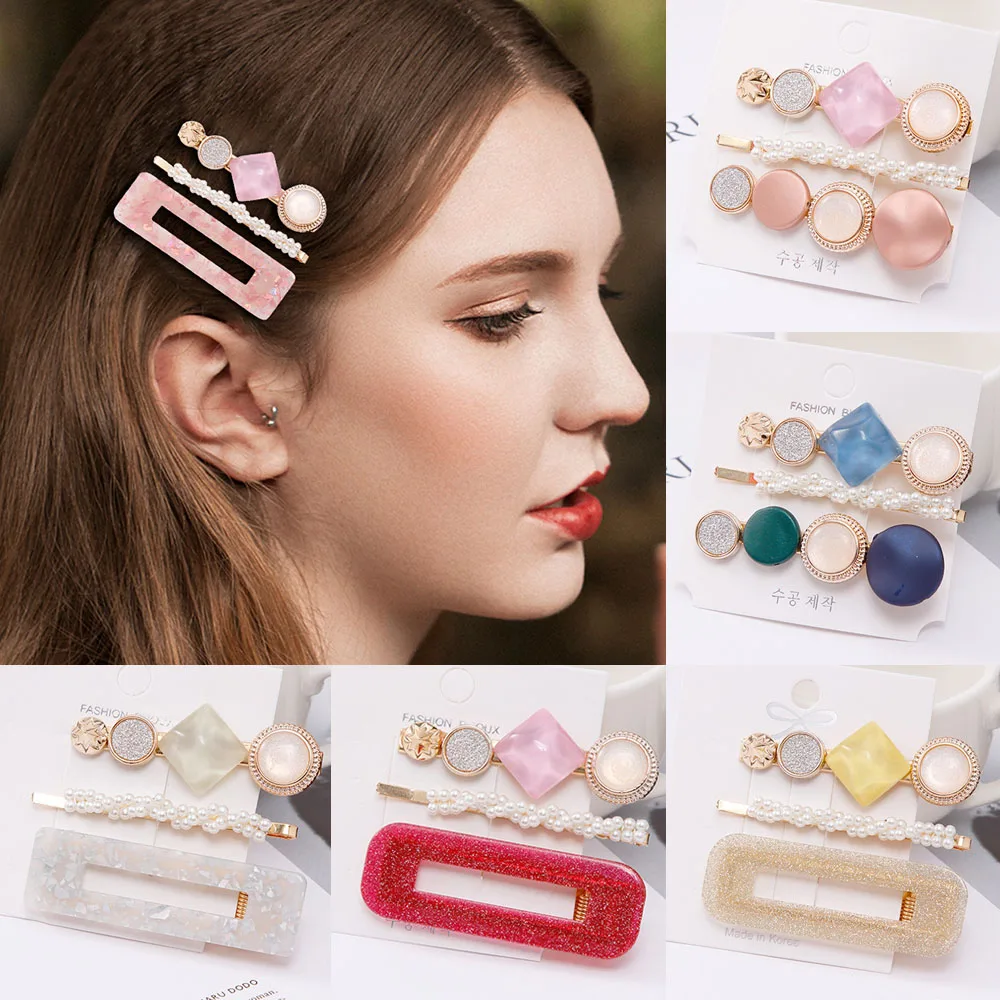 3Pcs/Set INS Fashion Women Girls Barrettes Metal Hairpins Elegant Jewelry Pearl Hair Grips Colorful Hair Clips Hair Accessories