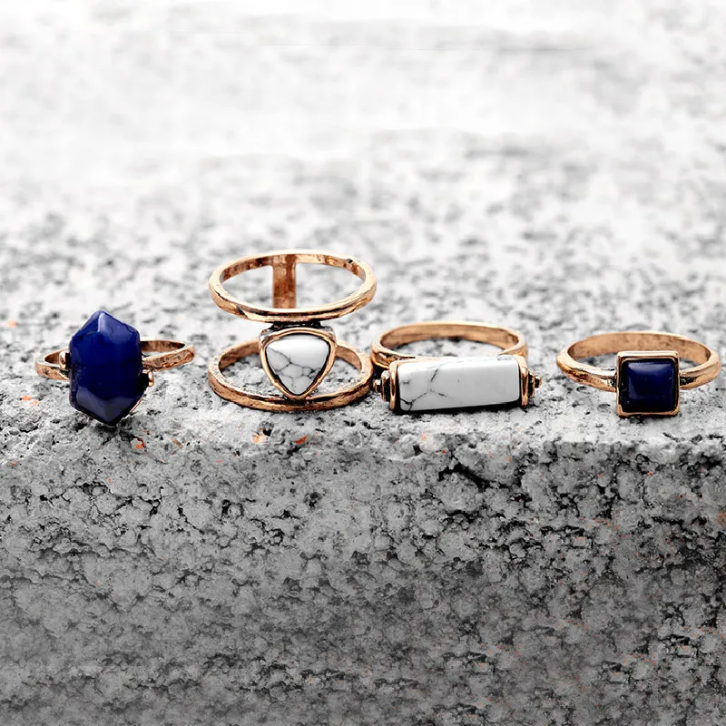 

4 PCS Vintage Simulated Stone Finger Ring Set Antique Gold Silver Hollow Out Bohemian Midi Rings For Women Jewelry anillos YY149