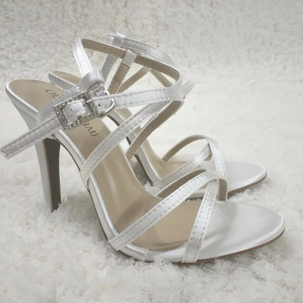 CHMILE CHAU/элегантная женская обувь для вечеринок из сатина цвета слоновой кости; босоножки с ремешком на щиколотке на шпильке с пряжкой; большие размеры; zapatos mujer; 5186-21a