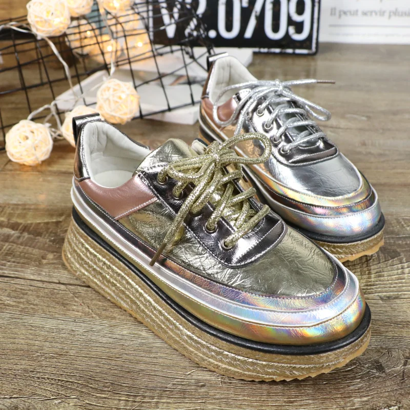 

European station 2019 spring fashion muffin bottom casual shoes wild colorful lace-up platform shoes