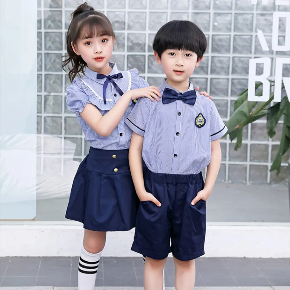 

2019 Summer Kids Children's Sets School Uniform Performance Clothing Student Striped Shirt+Short Skirt Shorts Boys Girls Suits