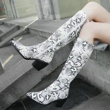 Fashion Leather Knee High Boots Women Snake Print Square High Heels Autumn Winter Boots Pointed Toe Zipper Boots Shoes 2019 Fashion Leather Knee High Boots Women Snake Print Square High Heels Autumn Winter Boots Pointed Toe Zipper Boots Shoes 2019