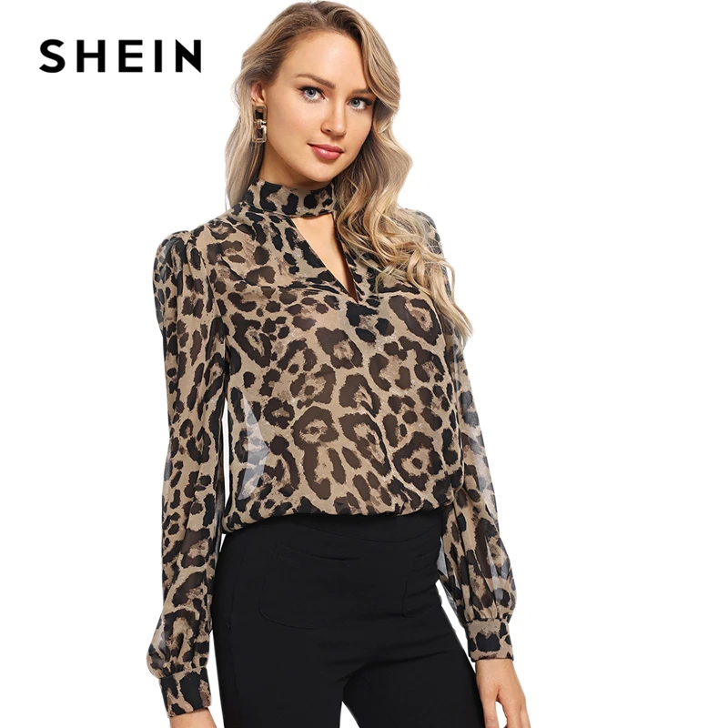 Женская офисная блузка SHEIN разноцветная с длинными рукавами и леопардовым