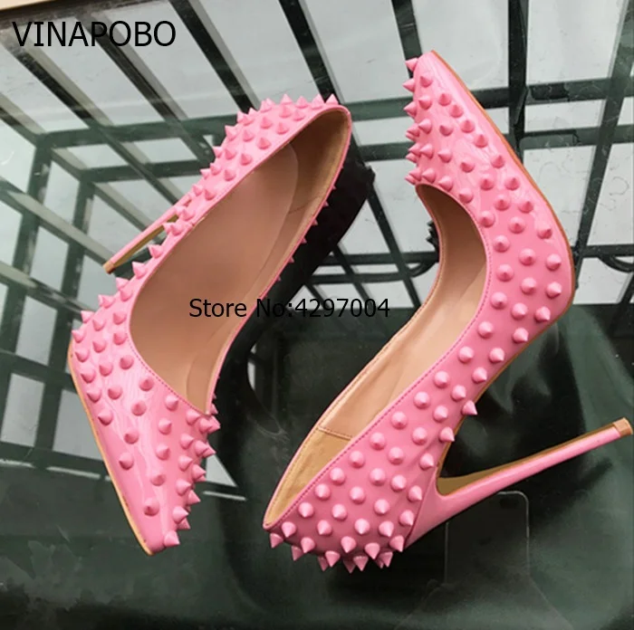 VINAPOBO Rivet Studded Pointed Toe High Heels Red Lady Pumps Patent Leather Sweet Pink Shoes Slip On Wedding Women Stilettos