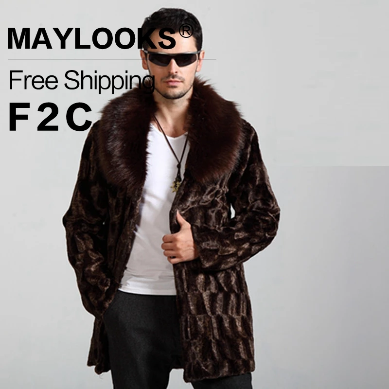 Men's Faux Fur Long Coat Brown/black Warm And Comfortable Winter New Brand Maylooks Hn128