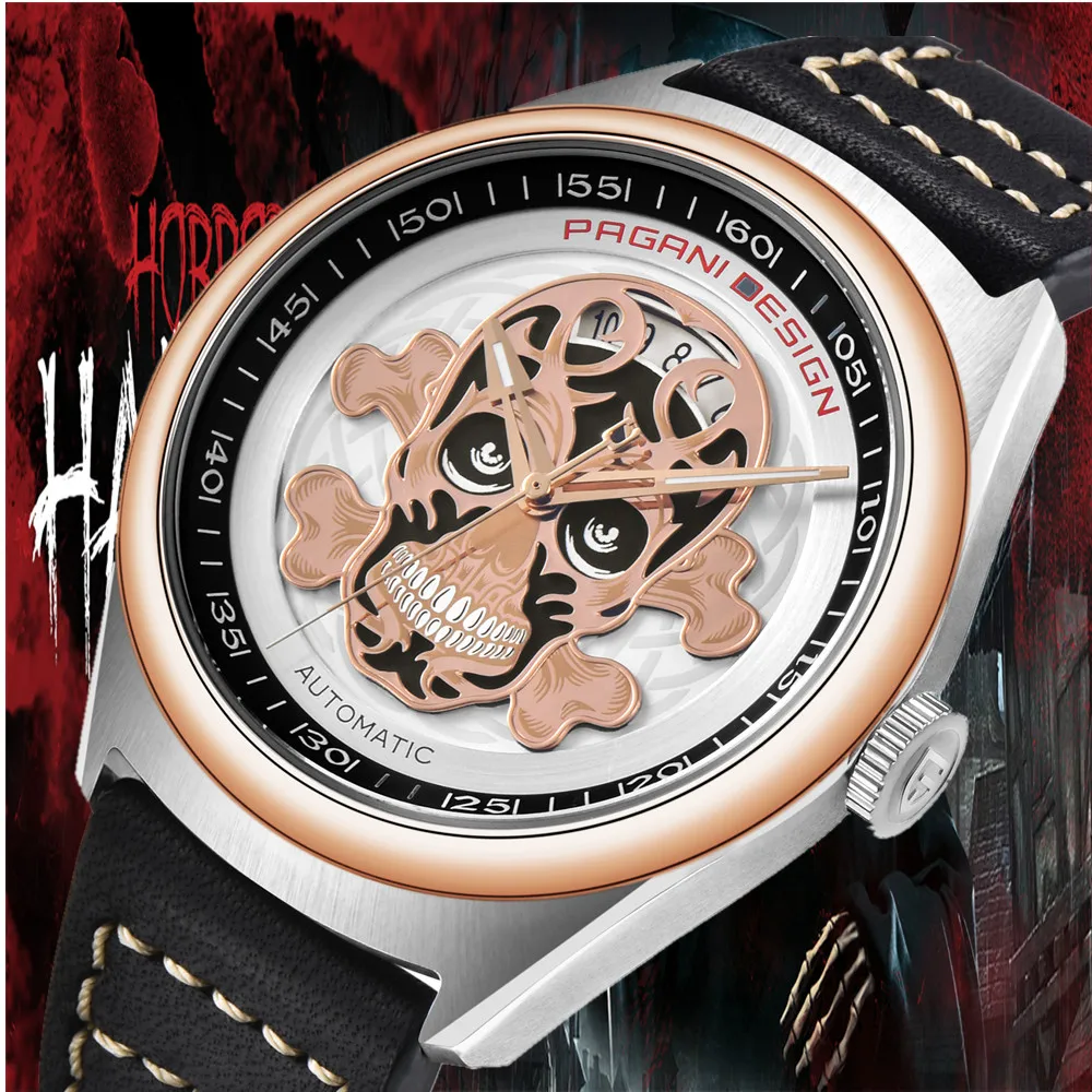 

PAGANI DESIGN 2019 Fashion Mens watches 3D skeleton Skull Punk Mechanical Waterproof Leather Automatic Watch Relogio Masculino