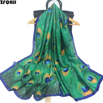 

ZFQHJJ Women Luxury Brand Chiffon Silk Scarf Green Peacock Feather Print Long Shawl Large Pashmina Wraps Female Foulard 180x90cm
