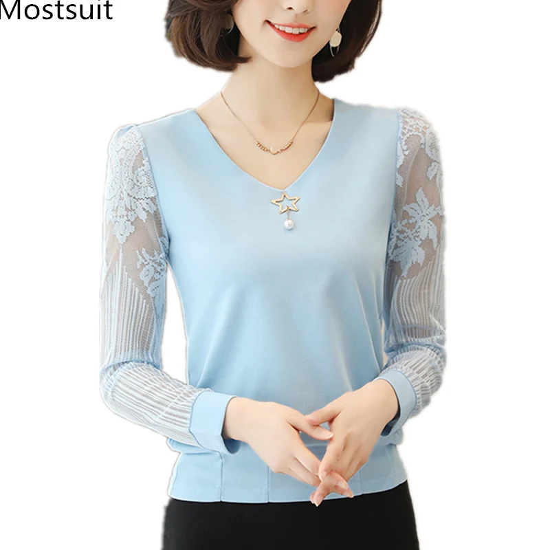 

New Spring Autumn Elegant Lace Patchwork Blouses Women Long Sleeve V-neck Tops Pullovers Casual For Work Korean Blusas Femininas