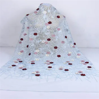 

2019 New Style Sky Blue French Net Lace Fabric 3D Flower And Beaded African Tulle Mesh Lace Fabric Nigerian Wedding Dresses