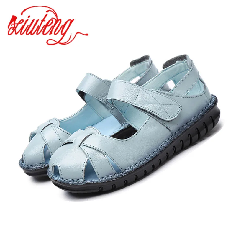 

Xiuteng 2017 New Genuine Leather Sandals For Mother Gift Female Large Size Casual Shoes Hand-Sewn Anti-Slip Flat with Shoes