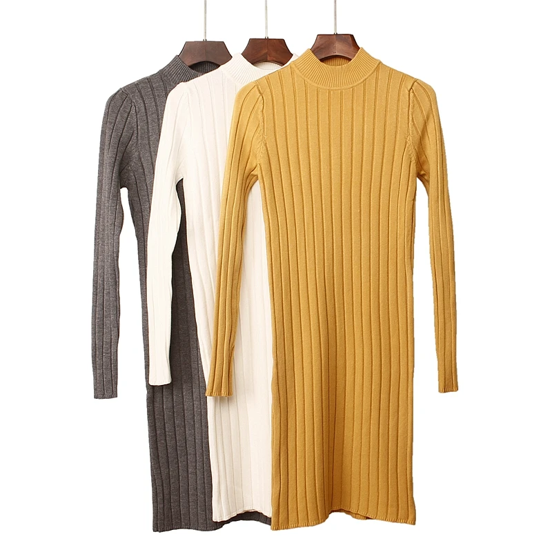 Высокое качество осень зима теплый женский свитер платье Мода ребра тонкий вязаный платье с длинным рукавом женские платья