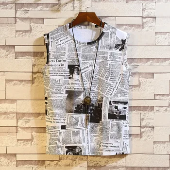 

2019 summer men's new fashion Korean newspaper printing round neck Slim youth sleeveless tide vest