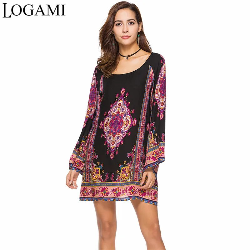 

LOGAMI Long Sleeve Print Ethnic Dresses Mini Women Vintage Dress Casual Ladies Loose Beach Dress