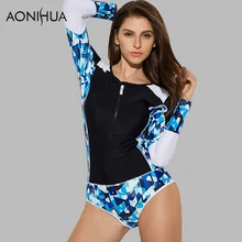AONIHUA 2018 Geometric Design front zipper Swimsuit for Women Vintage One Piece Swimwear Long sleeve swimming Suit 9017 hxby front zipper one piece men swimsuit winter long sleeve male swimsuit professional quick dry sports wear for swimming