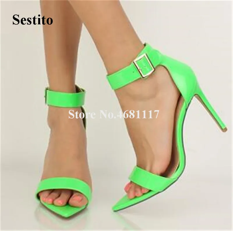 

New Fashion Women Pointed Open Toe Stiletto Heel Sandals Yellow Green Pink Ankle Strap Buckle High Heel Sandals Dress Heels