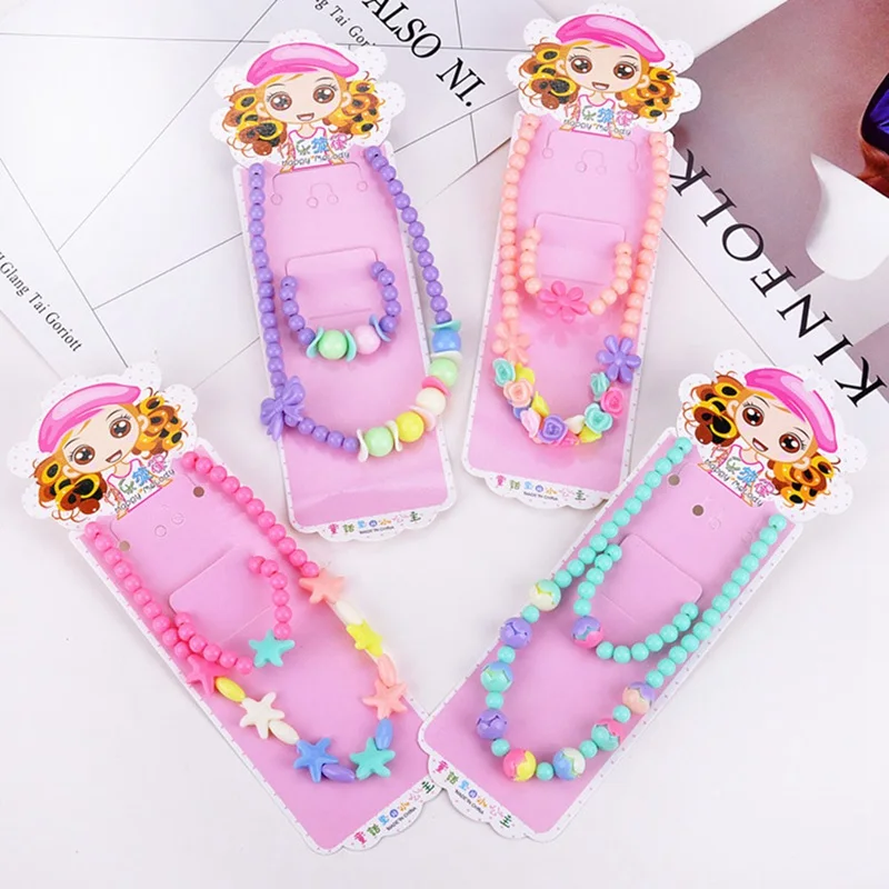 

2pcs Kids Girls Cute Candy Color Flower Bowknot Beads Necklace Bracelet Jewelry Set Acrylic Children Jewelry Gift Accessories