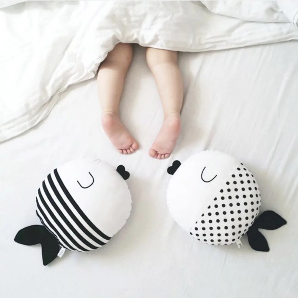 

Hot Sale Simple Black And White Fish Pillow Kiss Fish Polka Dot Fish Cushion Doll Accompany Sleep Doll For Children