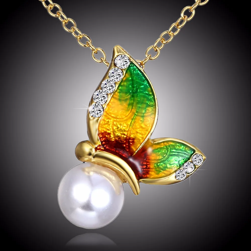 Кристальное металлическое ожерелье с принтом бабочки для женщин, имитация жемчуга, Бабочка, ювелирное изделие, подвеска в виде бабочки, длинное ожерелье, цепочка