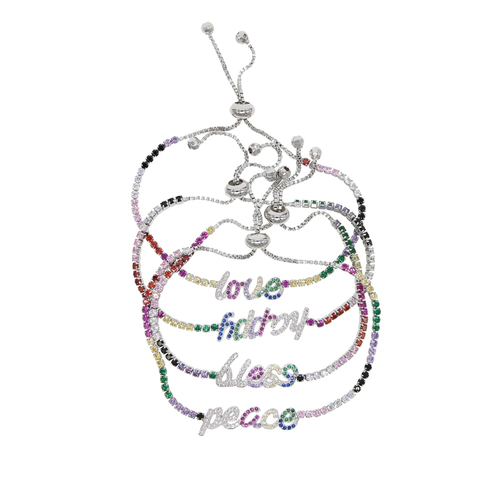 Adjustable Rainbow cz tennis chain Bracelet jewelry with happy peace happy letter charm