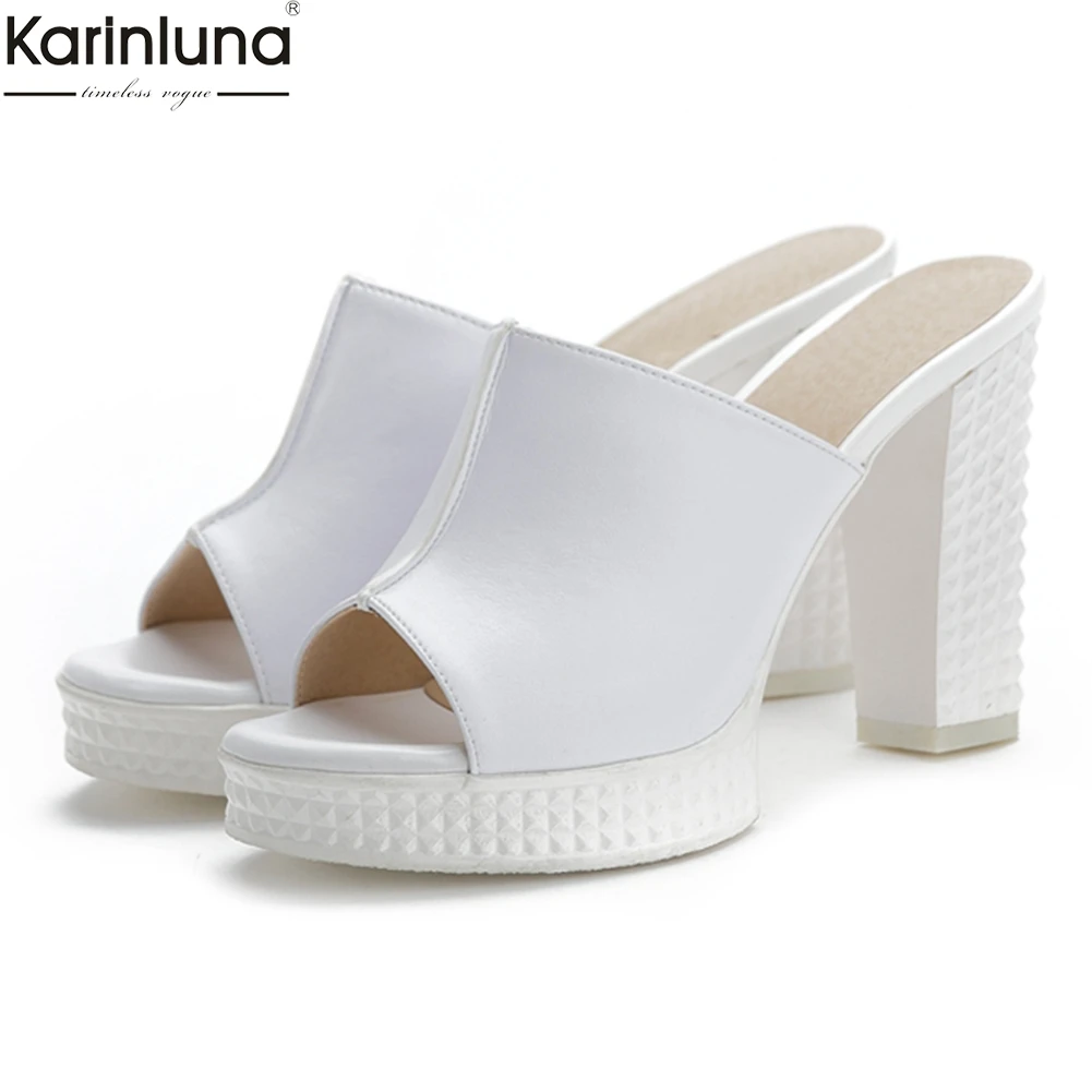 

genuine cow leather paltform Mules shoes Women peep toe high Heels Mules pumps Women Shoes woman