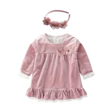 Детские платья для девочек зимнее платье принцессы с длинными рукавами и лентой для волос милая детская одежда с цветочным принтом осень