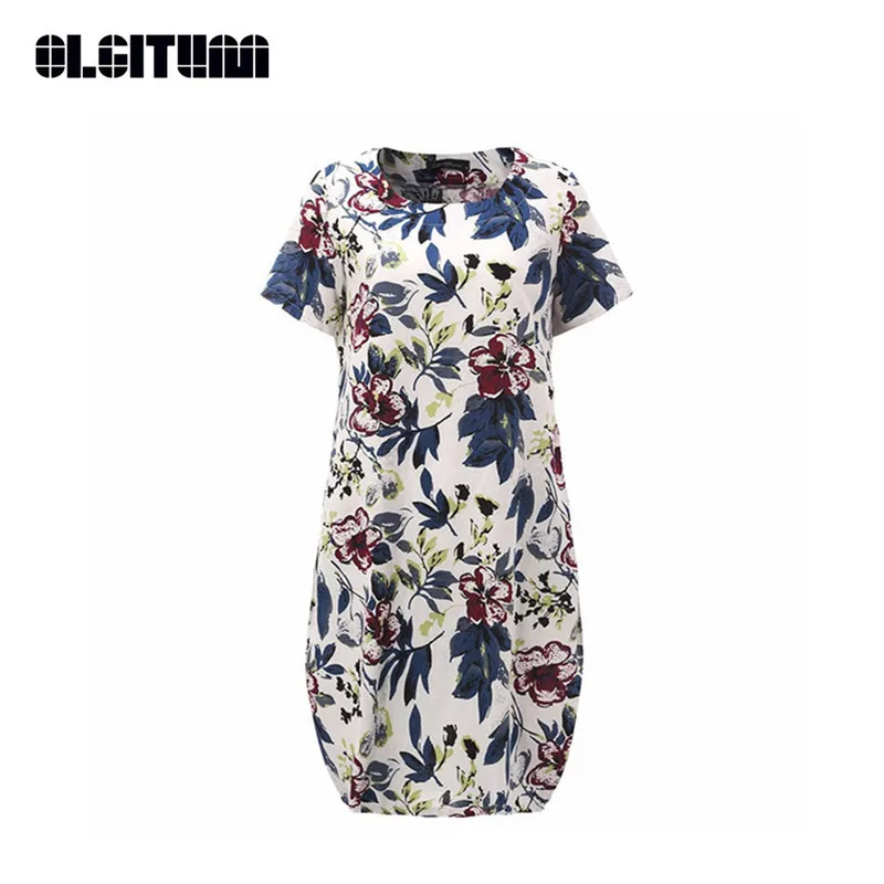 

New OLGITUM Summer Dress 2018 Short Sleeve Dress Women Cotton Linen Loose Dress M-4XL Floral Print Dress Vestidos Mujer DR139