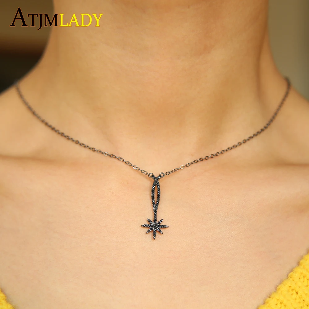

elegant christmas gift star pendant micro pave black cubic zirconia cz black gold color 33+7 short choker women black necklace
