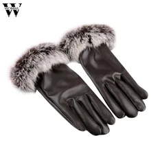 Женские кожаные перчатки Осень Зима теплые варежки из искусственного меха кролика