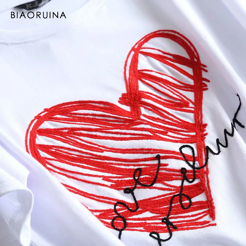 BIAORUINA, Женская Повседневная футболка с вышитыми сердечками и буквами, хлопковые футболки, женская модная Универсальная футболка с коротким рукавом и круглым вырезом