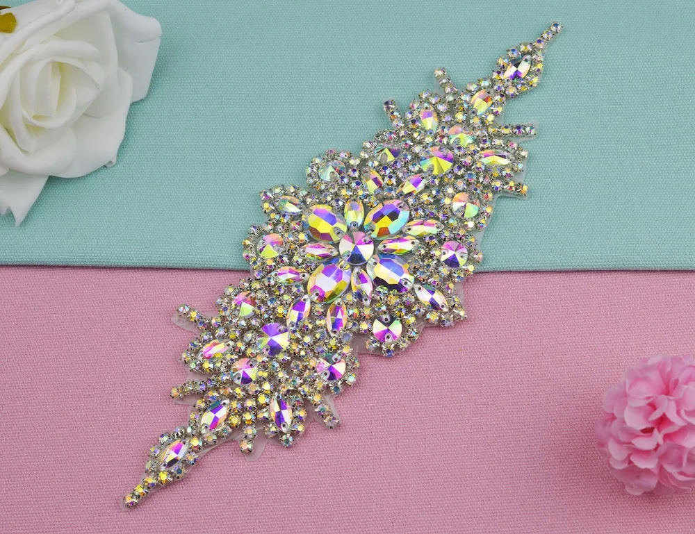 

1 Piece Handmade AB Glass Silver AB Crystal Rhinestone Applique Iron-On Sewing Crafts For Wedding Dress Bridal Sash Belt