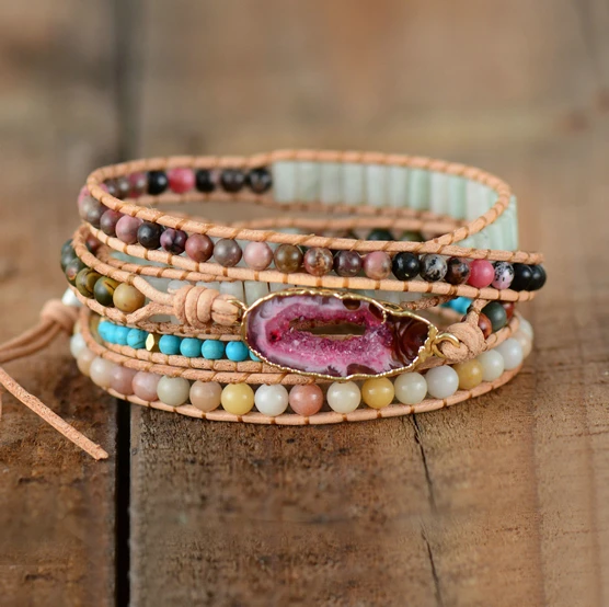 

Beaded Wrap Bracelets Unique Natural Stones Drusy Charm Multilayers Leather Bracelets Handmade Boho Bracelets Dropshipping