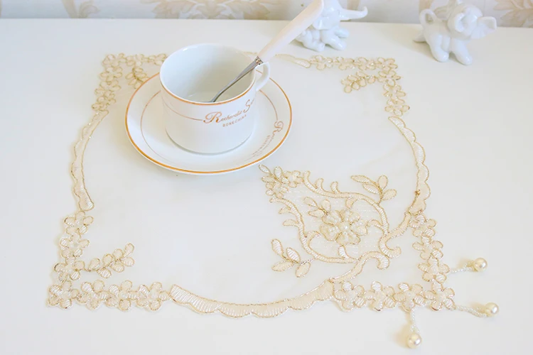 Embroidery Placemat 28cm Place Mats Tulle Dining Mat Gold Lace Table Pad Tea Party Cup Coaster Placemats For Kitchen Table W15