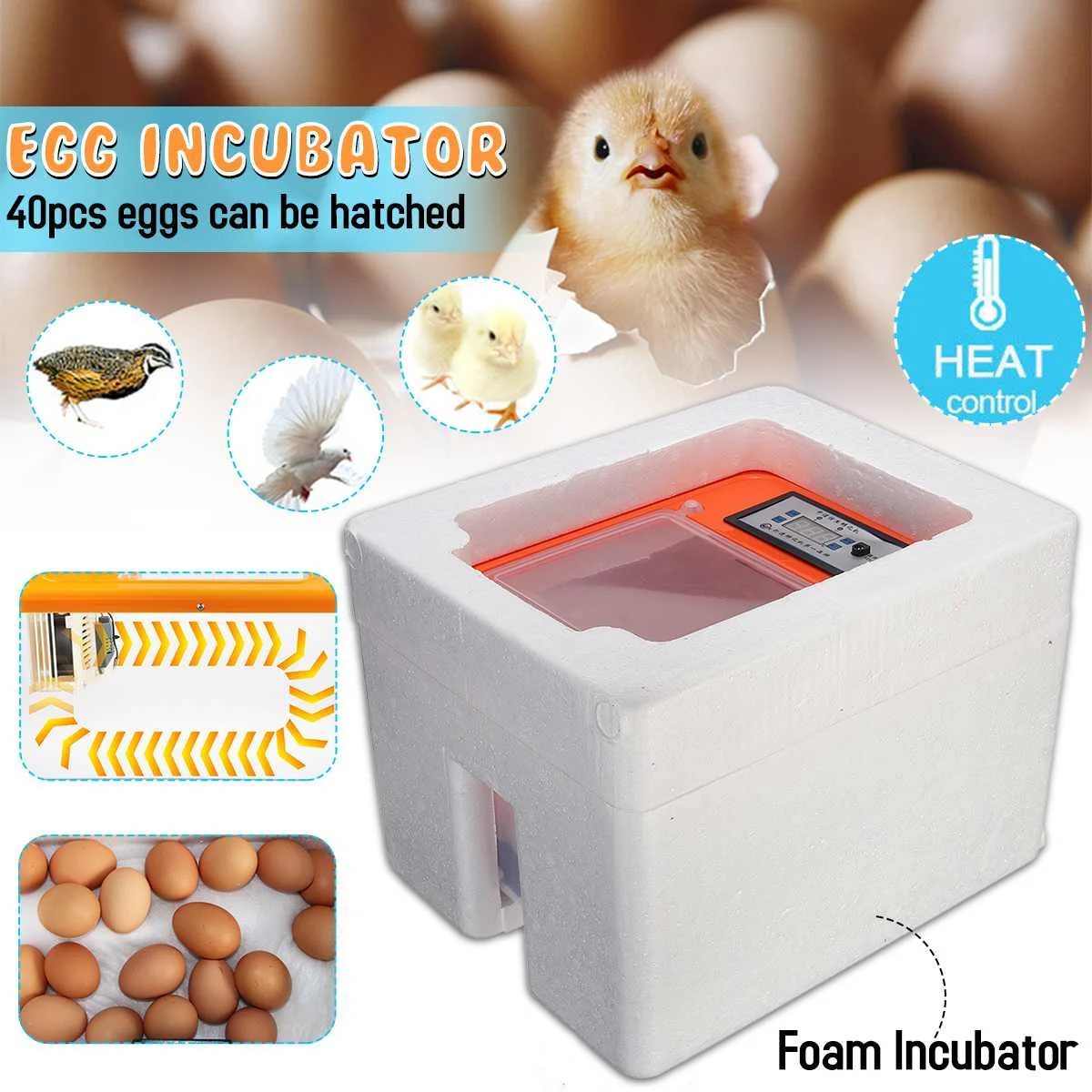 

40pcs Egg Incubator Digital Automatic Cock Poultry Hatcher Temperature Control Foam + Plactic Good Insulation Performance