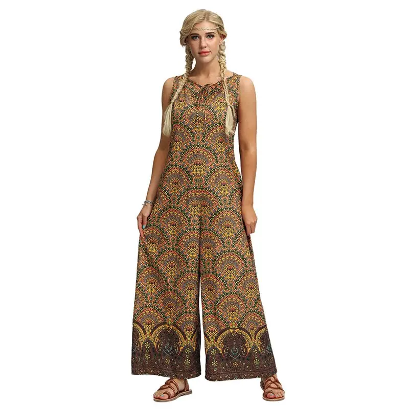 

Women Boho Ethnic Print Wide Leg Jumpsuit Plus Size Sleeveless Jumpsuits Yellow High Waist Summer Loose Stylish Casual Rompers