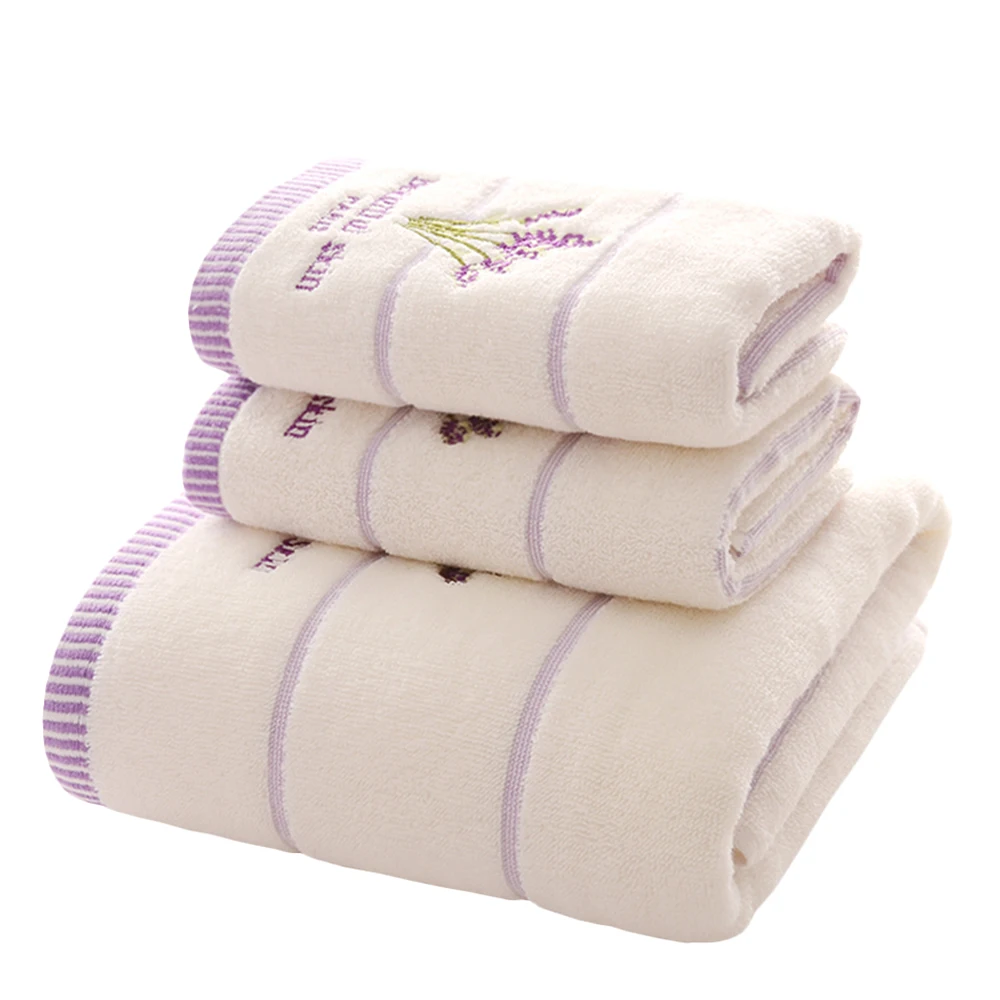 3 Piece Cotton Towels Scented Lavender Embroidered Body Towel Soft