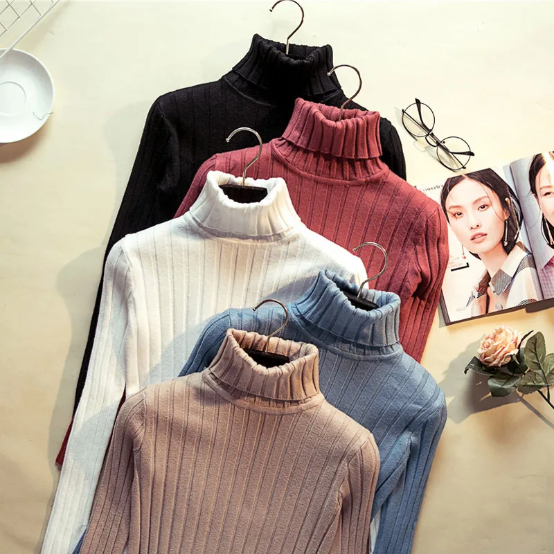 

Knitted Ribbed Turtleneck Lady's Sweater Jersey Black Pink Warm Sweaters Pullover Women Autumn Winter Tricot Jumper Female White
