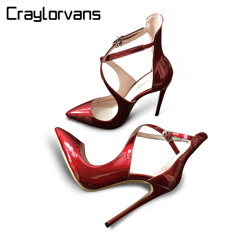 

Craylorvans Top Quality Summer Cross-tied Women Thin High Heels Sexy Patent Leather Super High Nude Black Ladies shoes