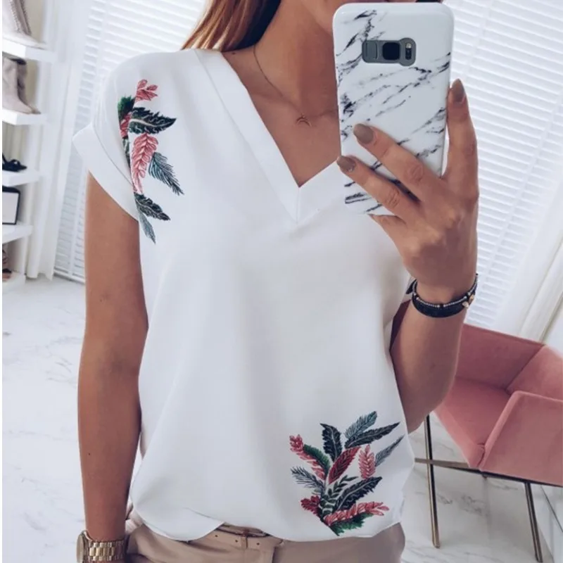 

LOSSKY Women Summer V Neck Short Sleeve T Shirt Casual V Neck Fashion Print T-shirt Pink White Wild Top Ladies Tee T Shirts Tops