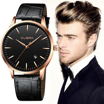 

CUENA Fashion Men Watch Sport Stainless Steel Case Leather Band Quartz Analog Mens Clock Wrist Watches relojes para hombre