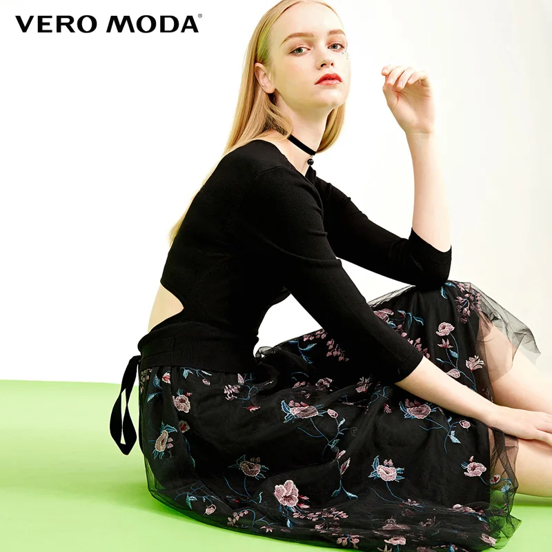 Vero Moda summer new style with mesh gauze embroidery A-line three-quarter sleeve round neck dress | 318146505